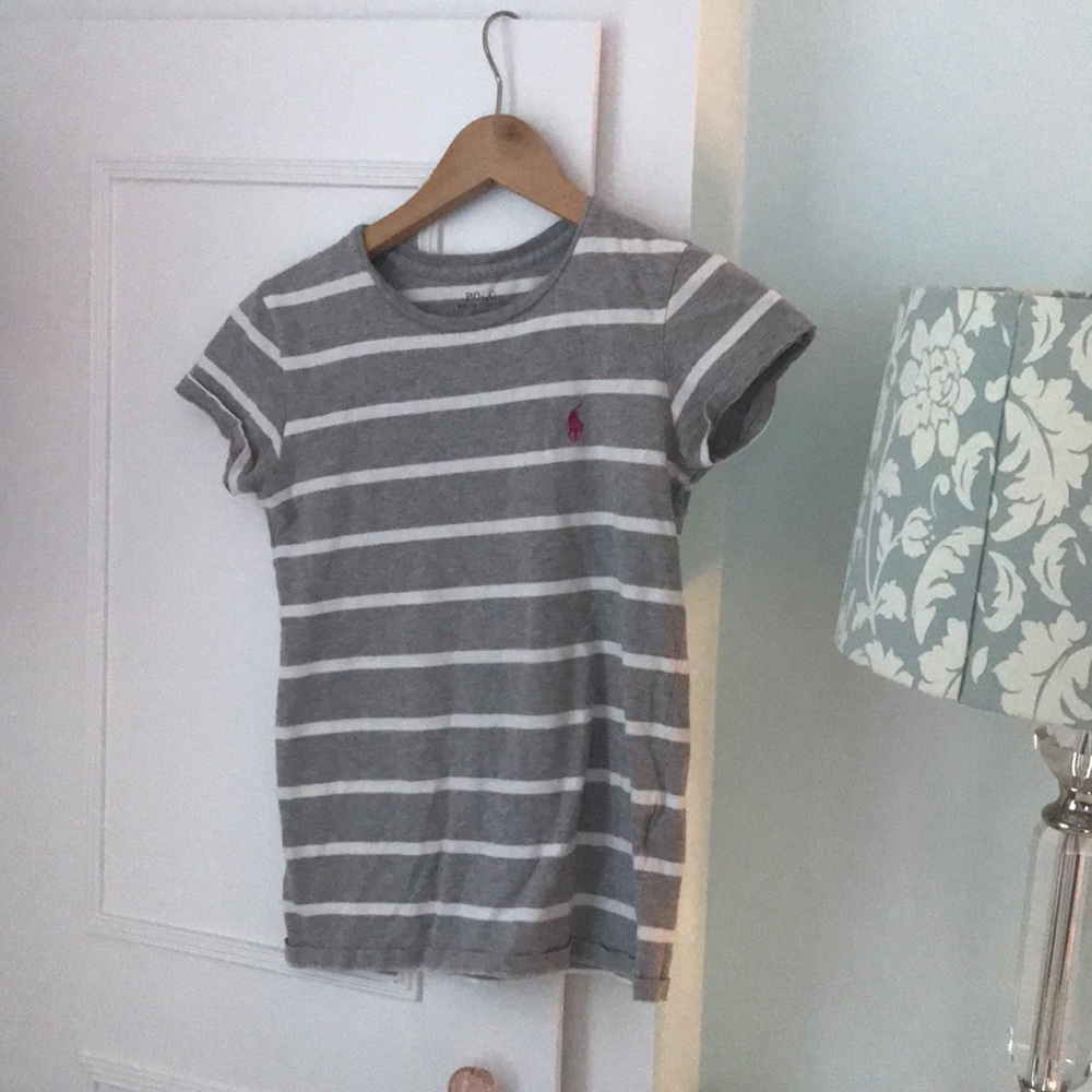 A XS grey/white striped with pink logo T-shirt